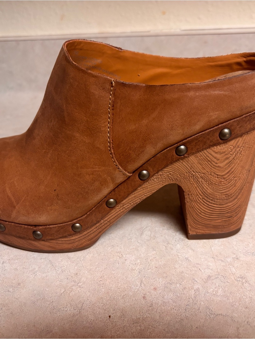 Kork-Ease Brown Leather Studded Clog Mule - Chunky Wood Heel